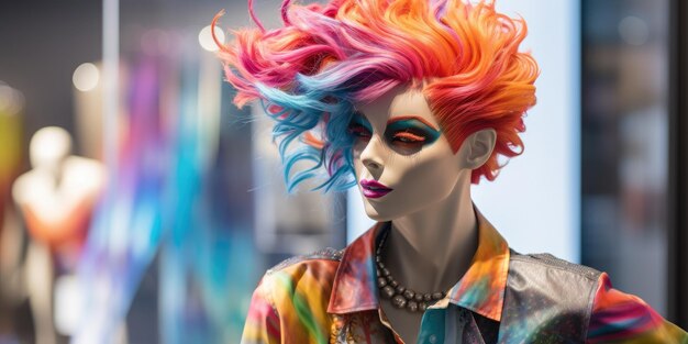 Un primer plano de un maniquí con el pelo colorido ai generado