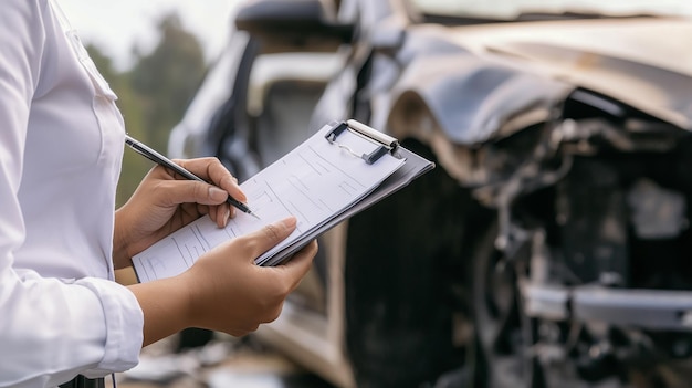 Un primer plano de una mano de un ajustador de seguros tomando notas en un clipboard mientras inspecciona un naufragio