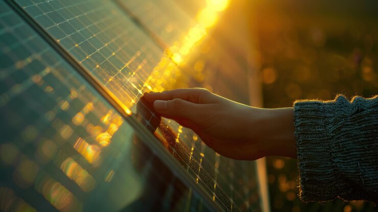primer plano de una mano ajustando un panel fotovoltaico