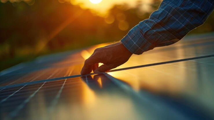primer plano de una mano ajustando un panel fotovoltaico
