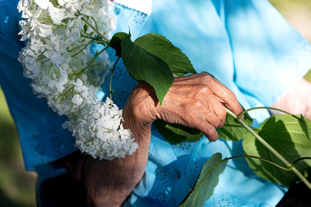 Primer plano de la mano de una anciana discapacitada sosteniendo una flor de hortensia blanca