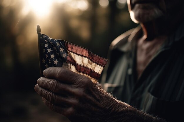 Foto primer plano de la mano del anciano veterano con la bandera nacional estadounidense