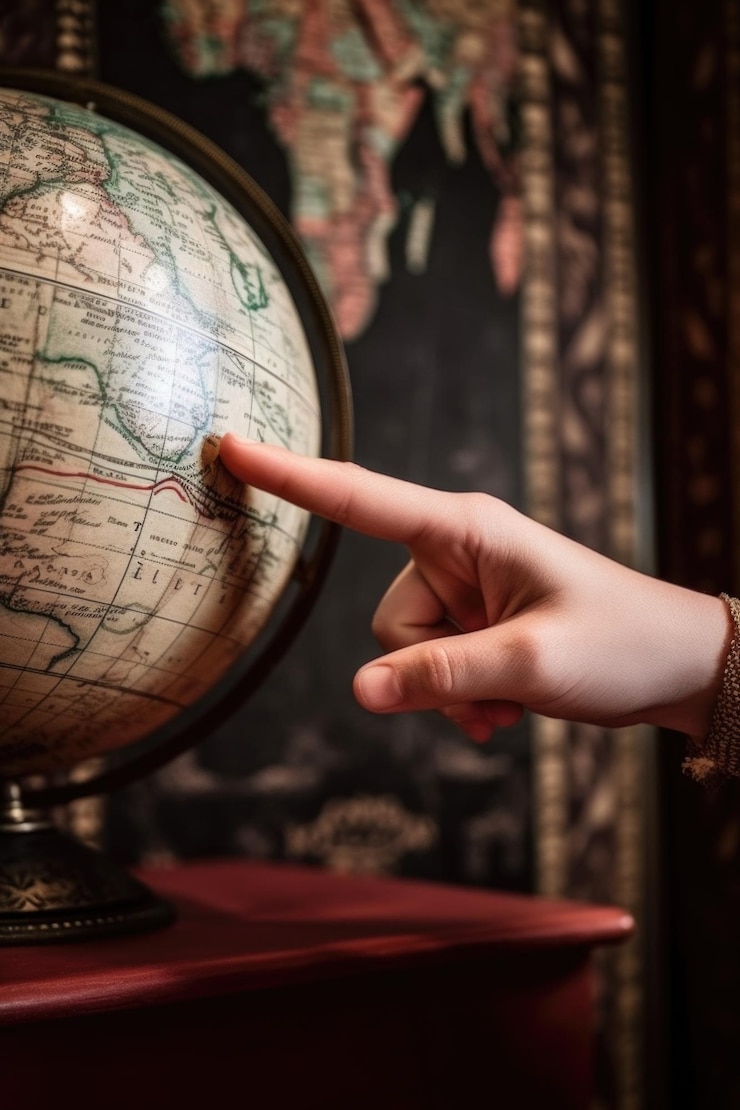 Primer plano de una mano apuntando hacia arriba en un globo creado con IA generativa