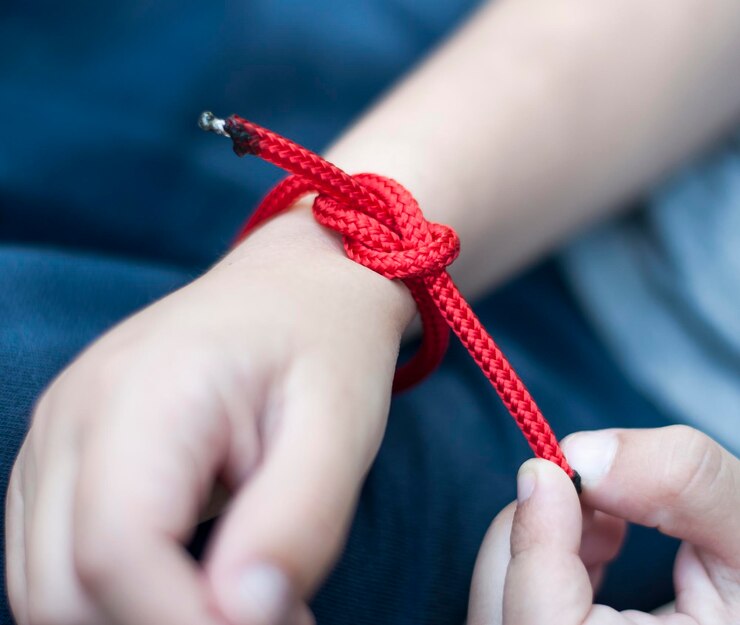 Foto primer plano de la mano atando el nudo con la cuerda roja en la mano