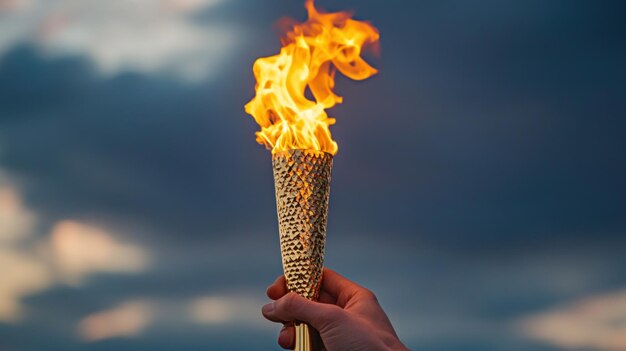 Un primer plano de la mano del atleta39 que sostiene una antorcha dorada el fondo del cielo oscuro ilumina la imagen generada por Ai