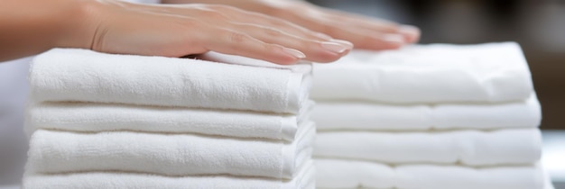 Un primer plano de la mano de la camarera arreglando toallas frescas en la habitación del hotel un servicio de limpieza profesional