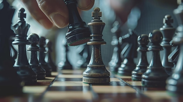 Un primer plano de una mano capturando un peón en un tablero de ajedrez que destaca el pensamiento crítico involucrado