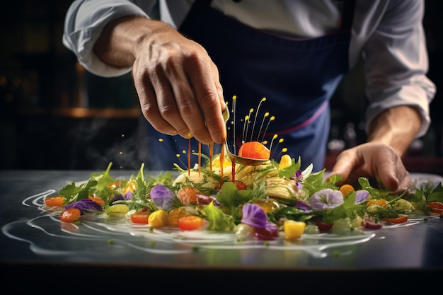 Primer plano de la mano de un chef haciendo platos en el plato