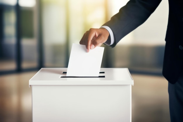Primer plano de una mano colocando un voto en una urna blanca en un entorno de oficina bien iluminado