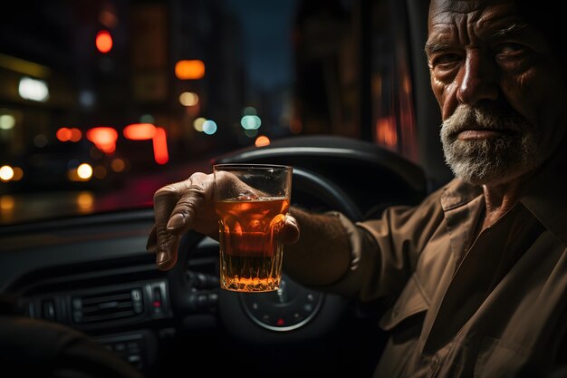 Primer plano de la mano de un conductor sosteniendo una bebida alcohólica