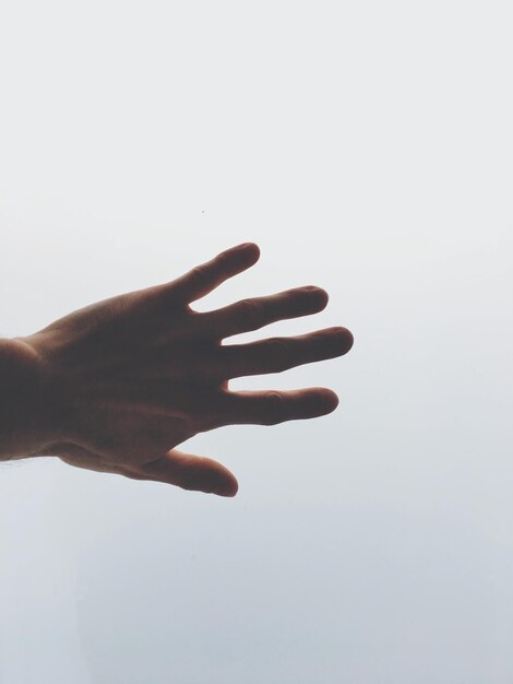 Foto primer plano de la mano contra el cielo despejado