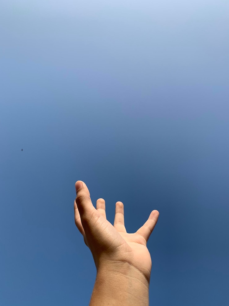 Foto primer plano de la mano contra el cielo despejado