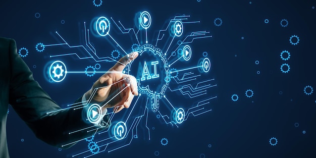 Primer plano de la mano de un empresario que señala un holograma cerebral de IA brillante y un circuito en fondo oscuro Concepto de inteligencia artificial e innovación