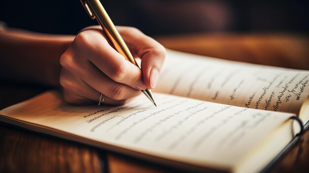 Un primer plano de una mano escribiendo en un diario con una pluma de oro