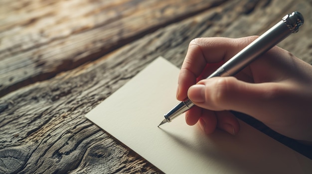 Un primer plano de una mano escribiendo en una tarjeta en blanco en una superficie de madera