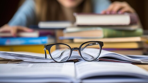 Primer plano de la mano de un estudiante cansado sosteniendo gafas durante la pausa de estudio