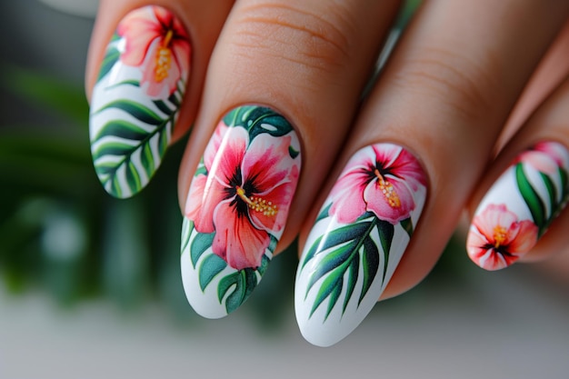 Primer plano de una mano con exquisito arte floral de uñas de hibisco que muestra un diseño de manicura tropical