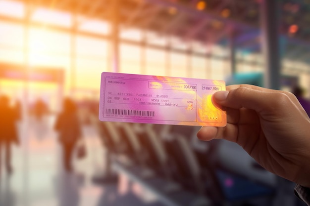 Foto primer plano de la mano femenina que sostiene el boleto de la tarjeta de embarque de la aerolínea en la terminal del aeropuerto con ia generada