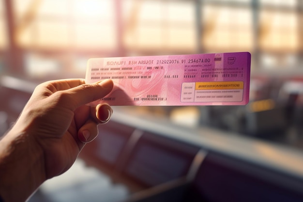 Foto primer plano de la mano femenina que sostiene el boleto de la tarjeta de embarque de la aerolínea en la terminal del aeropuerto con ia generada