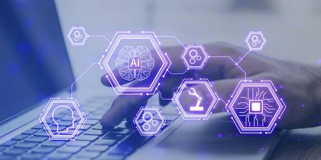 Primer plano de la mano femenina usando una computadora portátil con un patrón de IA digital creativo en un fondo borroso Automatización de inteligencia artificial y concepto de aprendizaje automático Exposición doble