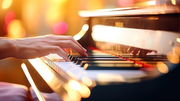 Foto un primer plano de una mano en un fondo musical de piano generativo de ia