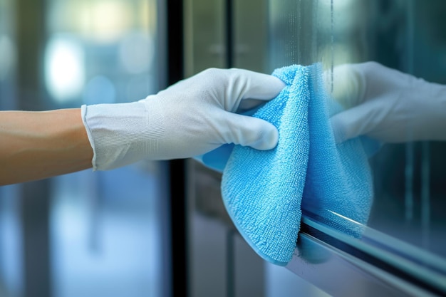 Un primer plano de una mano con un guante blanco limpiando una superficie de vidrio con un paño azul