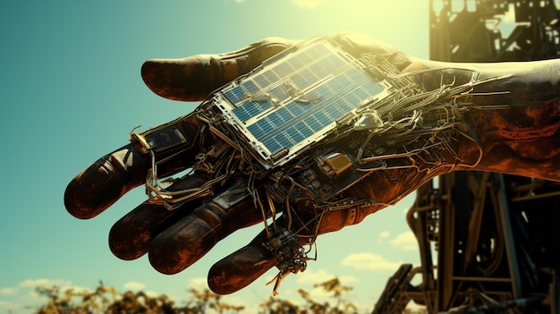 Primer plano de una mano con un guante de panel solar