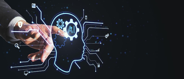 Primer plano de la mano del hombre apuntando al contorno de la cabeza brillante con un circuito de inteligencia artificial y otros íconos en un amplio fondo negro con un lugar simulado Inteligencia artificial y concepto de chat gpt
