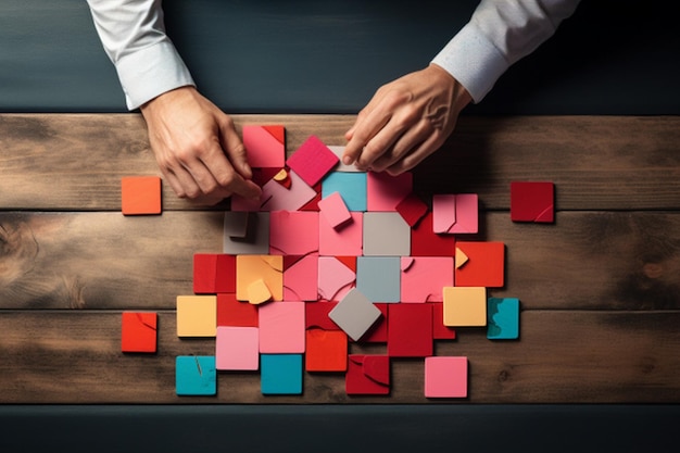 Primer plano de la mano de un hombre jugando con coloridas formas geométricas de madera