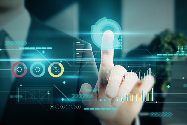 Primer plano de la mano de un hombre de negocios apuntando a la interfaz de gráfico de negocios digital en el fondo borroso del interior de la oficina Tecnología comercial financiera y concepto futuro Exposición doble