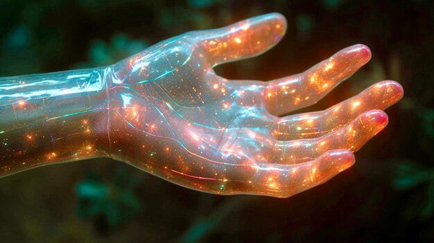 Primer plano de la mano de un hombre con la palma hacia arriba en color holográfico