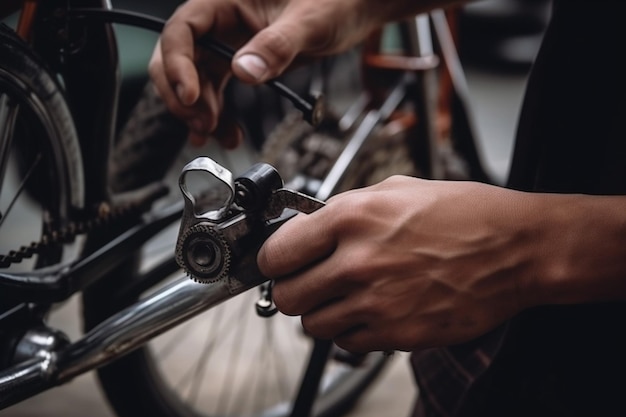 Un primer plano de la mano de un hombre sosteniendo una llave reparando una bicicleta que promueve la autosuficiencia