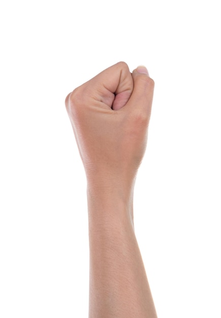 Primer plano de la mano humana contra el fondo blanco.