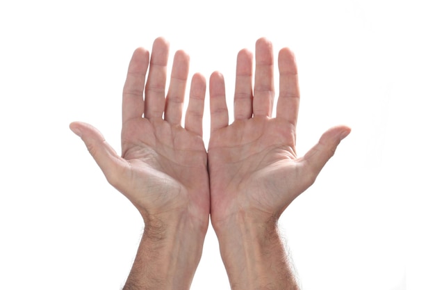 Foto primer plano de la mano humana contra un fondo blanco