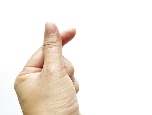 Foto primer plano de una mano humana gestando contra un fondo blanco