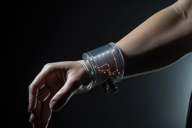 Primer plano de una mano humana con un monitor de presión arterial sobre fondo oscuro. Primer plano de una mujer colocando un monitor continuo de glucosa en su brazo generado por IA.
