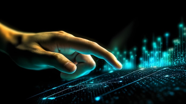 Primer plano de la mano humana tocando con el panel virtual del dedo sobre fondo oscuro