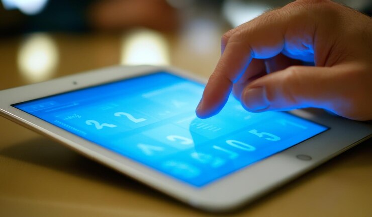 Foto un primer plano de una mano interactuando con una tableta que muestra números