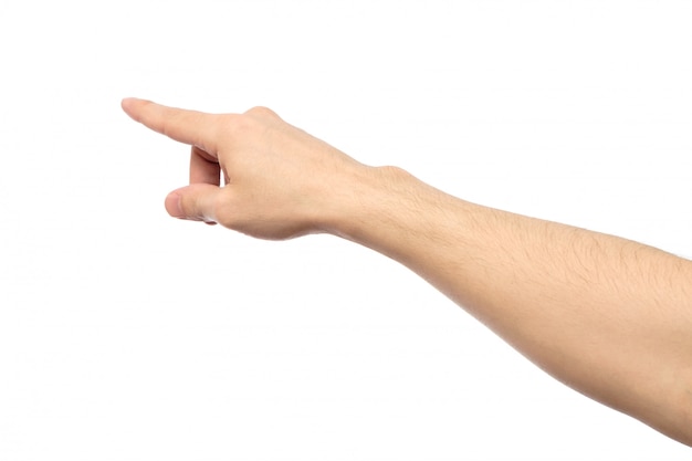 Primer plano de la mano masculina señalando aislado