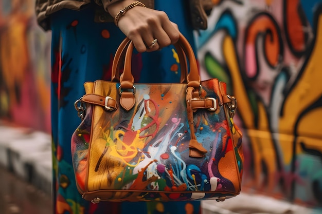 Un primer plano de la mano de una modelo sosteniendo un bolso de diseñador con graffiti colorido en el fondo Ai generativo