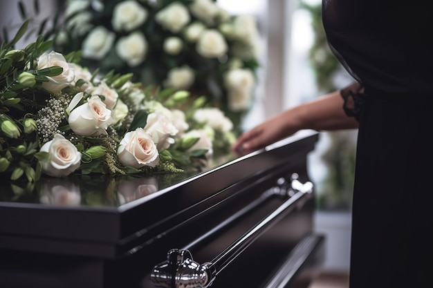 Foto primer plano de la mano de una mujer colocando un ramo de rosas blancas en un ataúdconcepto funerario