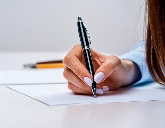 Foto primer plano de la mano de una mujer escribiendo en papel blanco en blanco