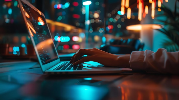Foto primer plano de la mano de una mujer escribiendo en un teclado de portátil por la noche el portátil está sentado en un escritorio en una habitación débilmente iluminada