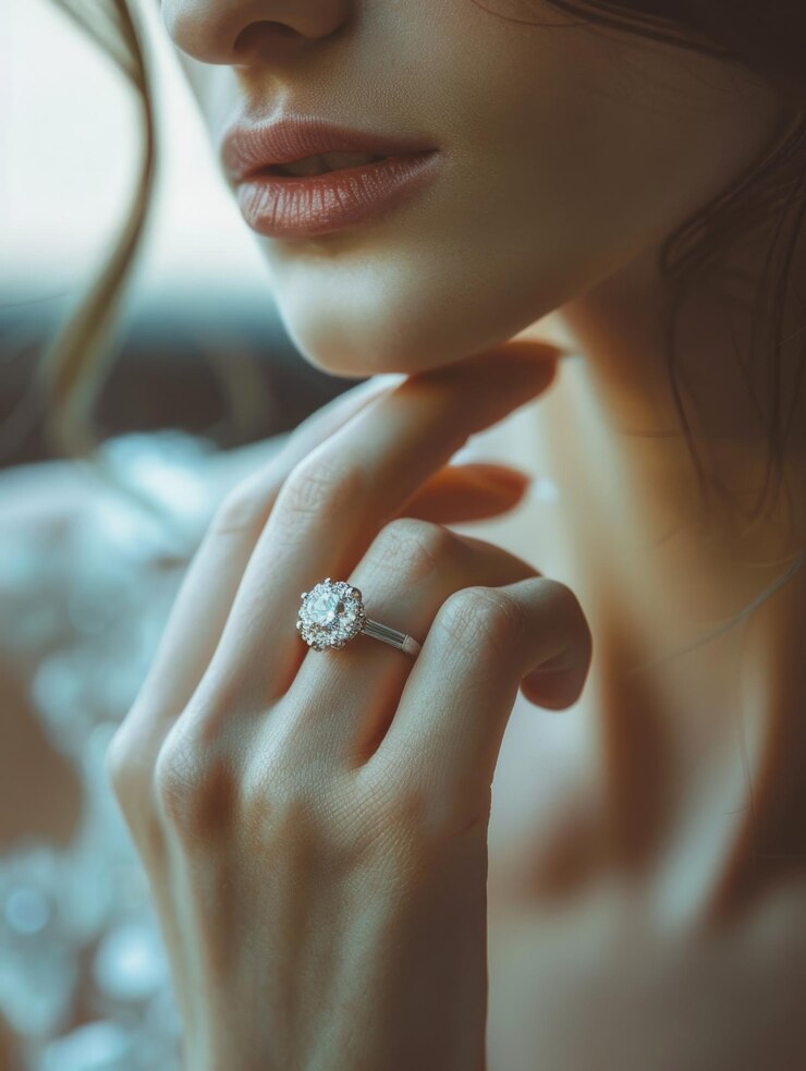 Un primer plano de la mano de una mujer mostrando su brillante anillo de diamantes perfecto para joyas o conceptos relacionados con la boda
