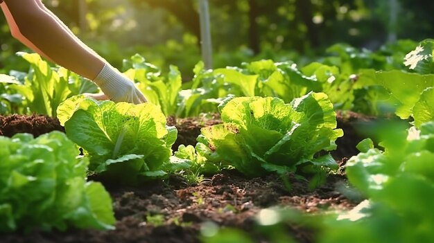 Primer plano de la mano de una mujer plantando lechuga fresca en el huerto