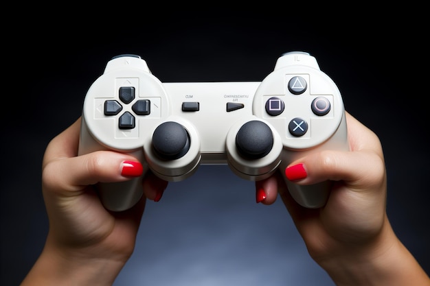 Foto primer plano de una mano de mujer sosteniendo un joystick mientras juega videojuegos con espacio para el texto