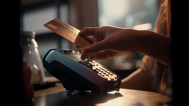 Primer plano de la mano de la mujer sosteniendo la tarjeta de crédito y usando el terminal de pago Fondo borroso generativo ai