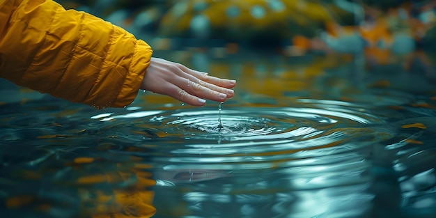 Primer plano de la mano de una mujer tocando el agua del lago creando ondas que simbolizan la sostenibilidad ambiental y la limpieza de la naturaleza Concepto Naturaleza Medio ambiente Sostenibilidad Reflexión del agua