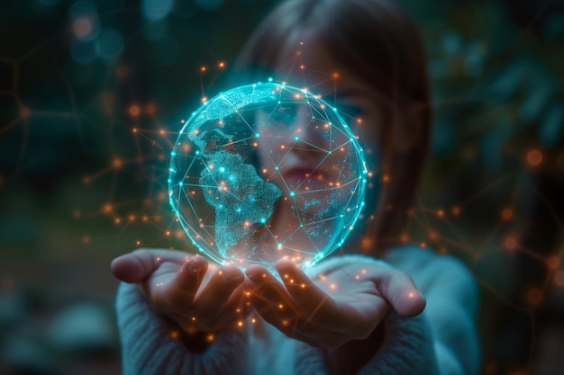 Primer plano de la mano de una niña sosteniendo un holograma abstracto del mundo azul en el fondo de la naturaleza Energía renovable
