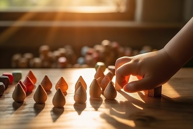 Primer plano de la mano del niño jugando al juego de mesa de madera Concepto educativo IA generativa